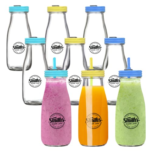 Smith's Mason Jars Juego de 9 Mini Botellas de Leche de Vidrio de 300 ml Tapas a Prueba de Derrames y Pajitas Reutilizables para Niños | Ideal para Picnics, Fiestas de Verano al Aire Libre y Más