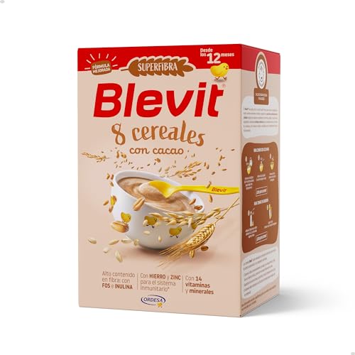 Blevit Superfibra 8 Cereales con Cacao - Papilla de 8 Cereales con Cacao, Vitaminas, Minerales y Fibra - Desde los 12 meses - 500g
