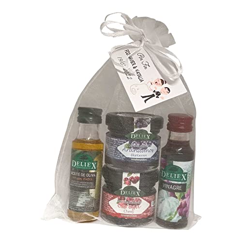 Detalle para regalar a invitados de bodas, con miniaturas de aceite de oliva, vinagre de Jerez D.O, mermeladas de cereza y de arándanos (Pack 24 ud)