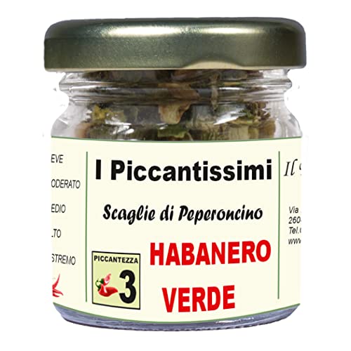 I Piccantissimi - Pimiento HABANERO VERDE muy picante en tarro (15 gr) - Chile en hojuelas de larga conservación - Chile cultivado en Italia (300.000 SHU)