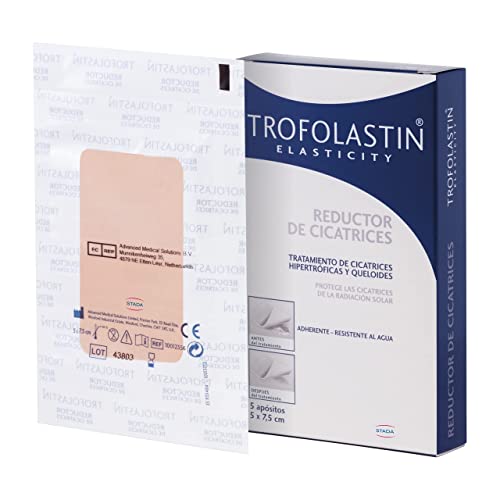 Trofolastin - Reductor de cicatrices - parche poliuretano - reduce y previene cicatrices hipertróficas o queloides - quemaduras y cortes - 5x7,5cm, 5 Unidad ( Paquete de 1)