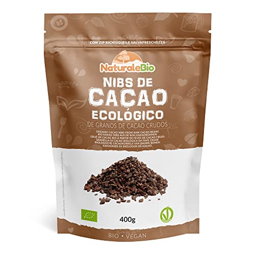 NaturaleBio Nibs de Cacao Crudo Ecológico 400g. Puntas Bio, Natural y Puro. Cultivado en Perú a partir de la planta Theobroma cacao. Fuente de magnesio, potasio y hierro.