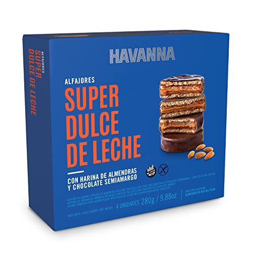 Havanna | Alfajores de Chocolate Semiamargo con Harina de Almendra | Galletas Cubiertas Rellenas de Dulce de Leche | Libre de Gluten | 4 unidades | 280g