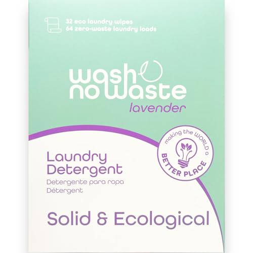 Wash no Waste - Tiras de Detergente para lavadora (64 lavados). Hipoalergénico y Biodegradable. Efecto suavizante. Gran poder de limpieza. Vegano y Cruelty Free. Libre de plásticos.. (Lavanda)