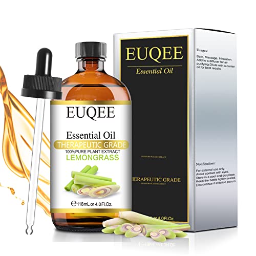 EUQEE Aceites Esenciales de Lemongrass 118ml, 100% Aceites Esenciales Naturales Puros, Aceite Esencial de Grado Terapéutico para Humidificador, Perfectos para Aromaterapia, Masajes, Baño