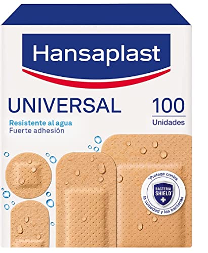 Hansaplast Universal 100 surtido (4 tamaños), apósitos impermeables que repelen la suciedad, apósitos para heridas, tiras adhesivas con Bacteria Shield, 1 x 100 ud