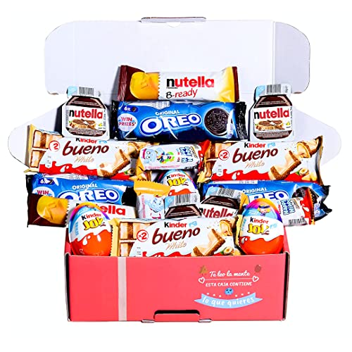 Caja regalo de chocolates I Regalo original para cumpleaños niños pareja - Kinder Chocolate, Happy Hippo, Kinder Joy, Nutella, Oreo - Pack caja regalo de cumpleaños